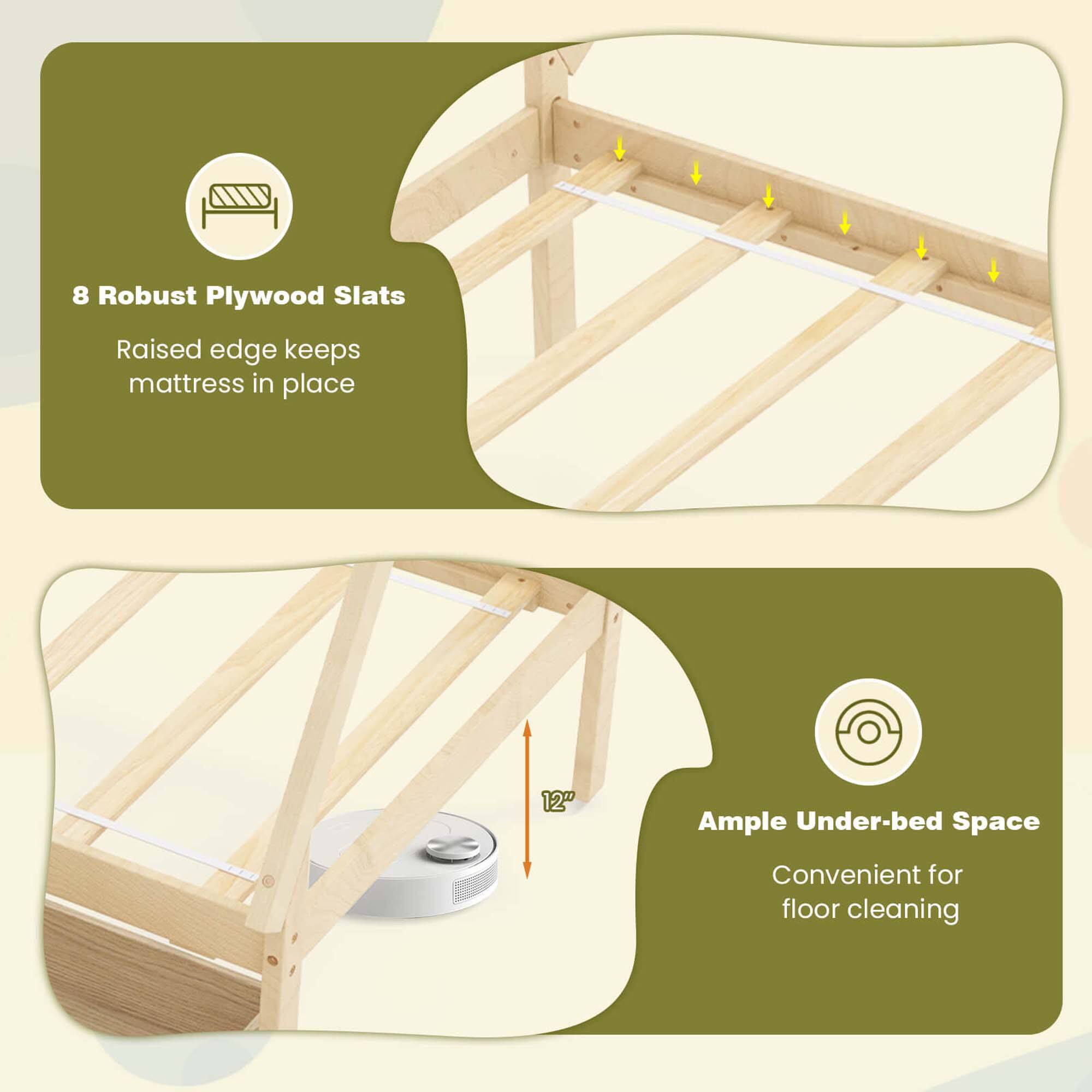 The text on the image can be grouped and corrected as follows:

8 Robust Plywood Slats: Raised edge keeps mattress in place.
12" Ample Under-bed Space: Convenient for floor cleaning.