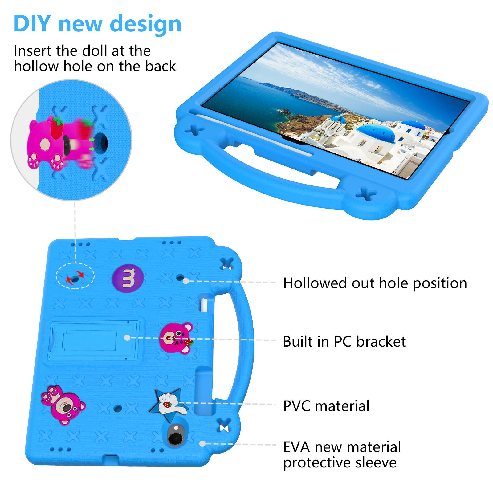DIY new design  
Insert the doll at the hollow hole on the back  

3 Hollowed out hole position  
Built in PC bracket  
PVC material  
EVA new material protective sleeve