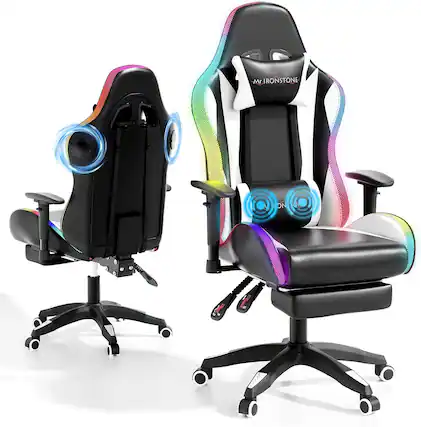 Front. COQOOL - RGB Gaming Chair with Bluetooth Speakers, Ergonomic Gamer Chair with LED Lights, Vibration Lumbar Support - Black.