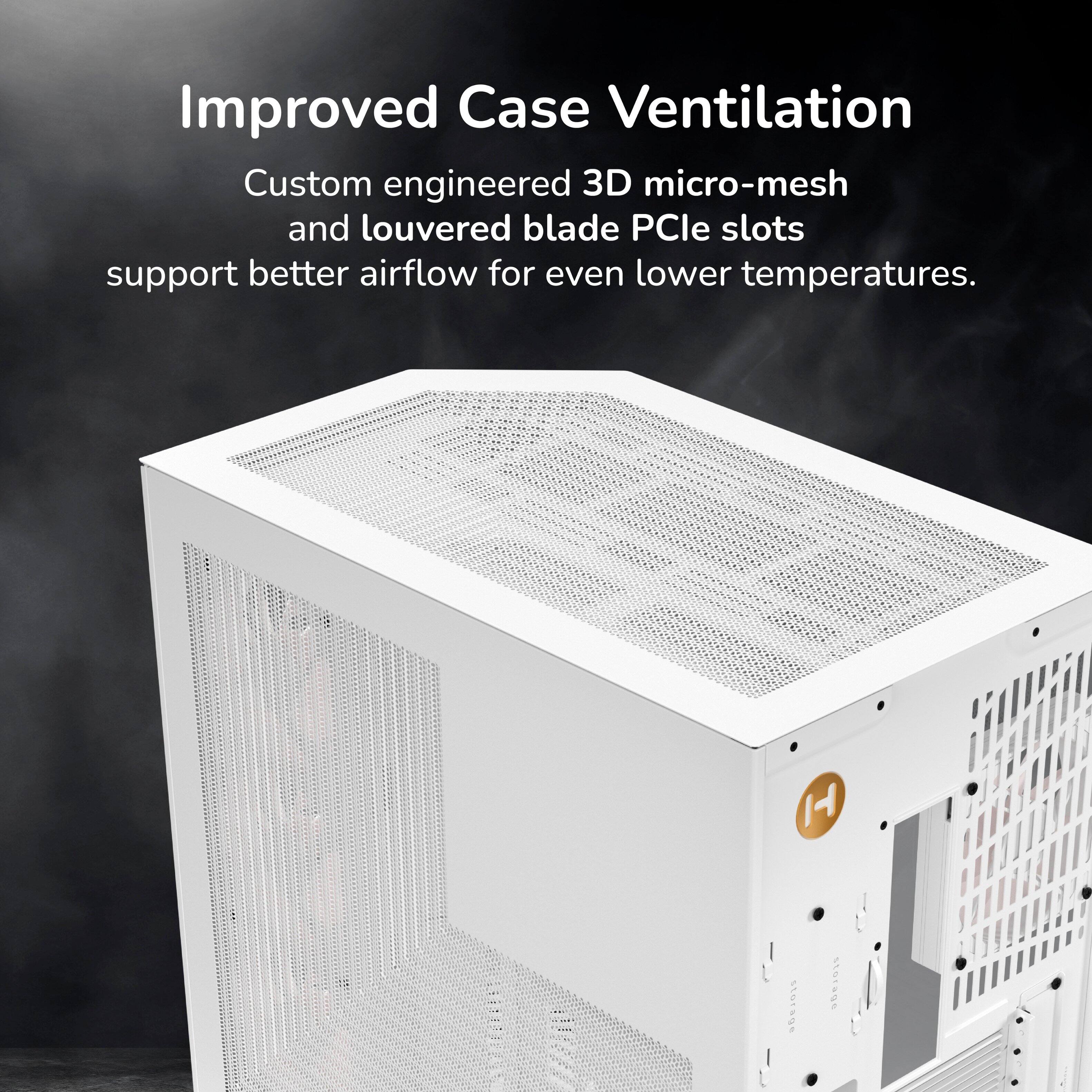 Improved Case Ventilation  
Custom engineered 3D micro-mesh and louvered blade PCIe slots support better airflow for even lower temperatures.