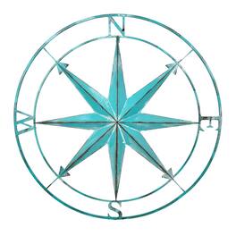 Zeckos - 39 inch Metal Compass Rose Wall Decor Distressed Nautical Coastal Art - Aqua