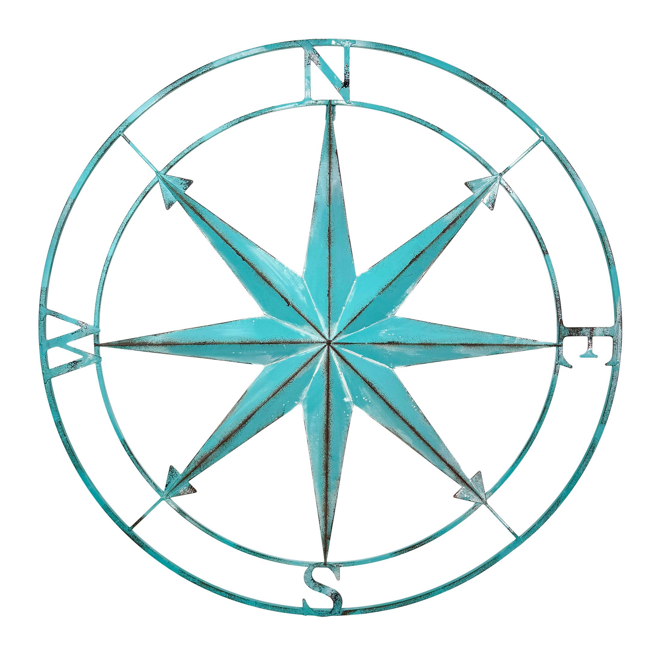 Front. Zeckos - 39 inch Aqua Metal Compass Rose Wall Decor Distressed Nautical Coastal Art - Aqua.