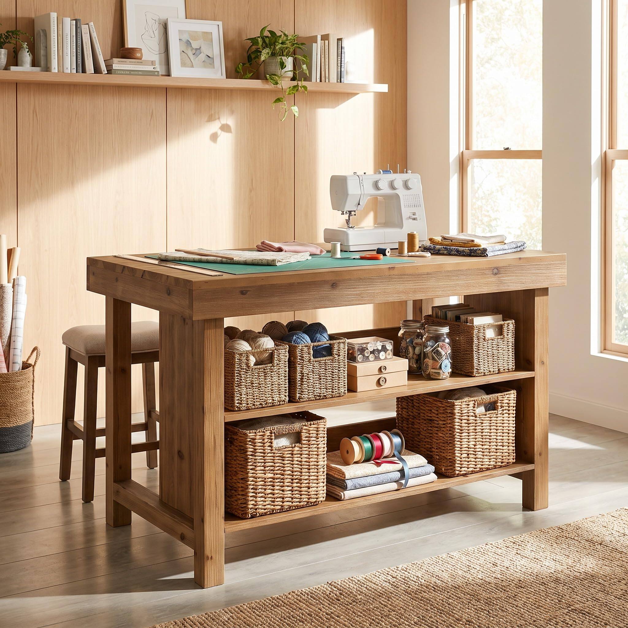 Angle. Tribesigns - Craft Art Table with Storage and Seating, Natural Solid Wood - Natural.
