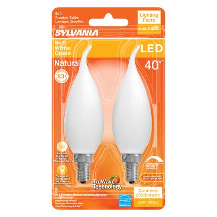 B10 Frosted Bulbs Lampes déploies SYLVANIA Soft White Opale Natural
ASTE/DURE 13 VEAS/AN
Lighting Facts see back
LED W* 40W Reduced Eye Strain Réduit la fatigue oculaire
DIMMABLE ... INTENSITE VARIABLE
Culot ind CANDELARHE
Une lumière TruWave naturelle saine
Technology 2
Données d'éclairage
B10 Frosted Bulbs/Lampes déploies d'éclairage Indoor/Outdoor Intérieur/extérieur
Mllore Replaces/Hemplace 40w voir verso
ENERGT STAR Uses/Les usages 4.5w*