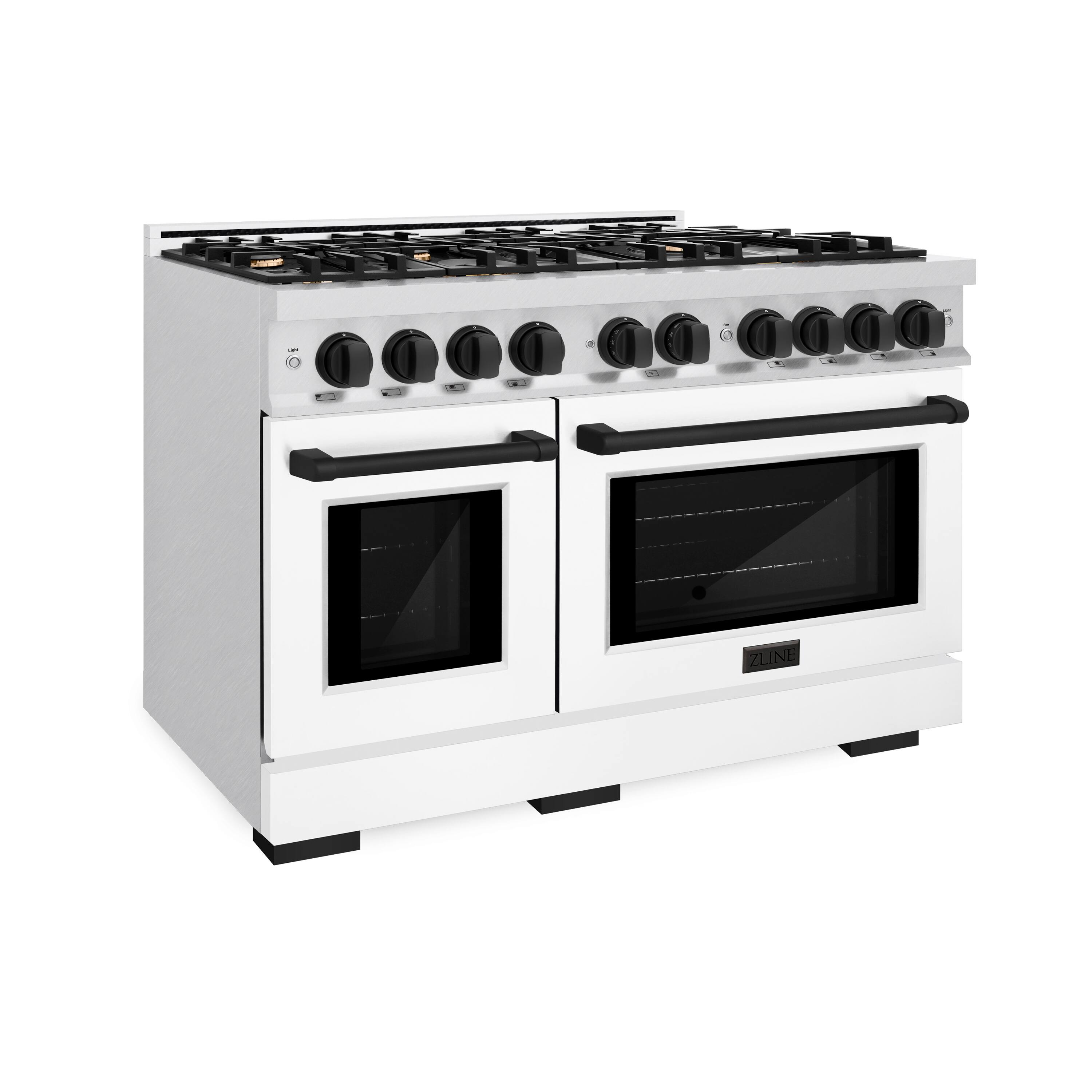 Angle. ZLINE - ZLINE Autograph 48 in. Freestanding Select Satin Steel Gas Range w/ White Doors & Black Accents - Satin Stainless Steel.