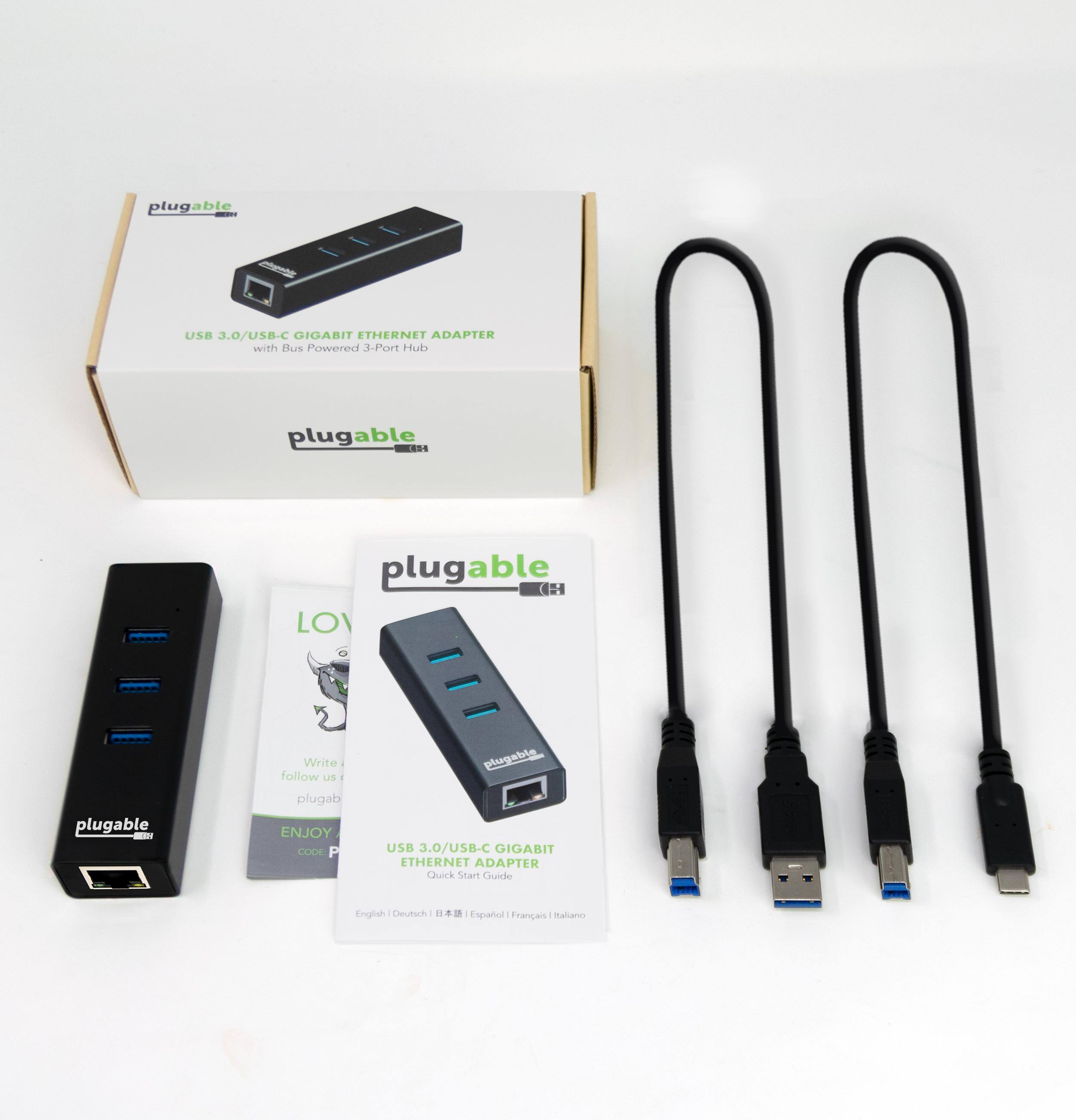 plugable  
USB 3.0/USB-C GIGABIT ETHERNET ADAPTER  
with Bus Powered 3-Port Hub  

plugable  
USB 3.0/USB-C GIGABIT ETHERNET ADAPTER  

Write & follow us  
plugable  

ENJOY  
CODE: P  

Quick Start Guide  
English Deutsch | Español | Français | Italiano