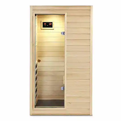 Front. RYHNUYNE - Far Infrared Sauna Room, European Aspen Wood, 5 Heating Panels, 905W, Digital Display, Bluetooth Speaker, Home Spa - Natural Wood.