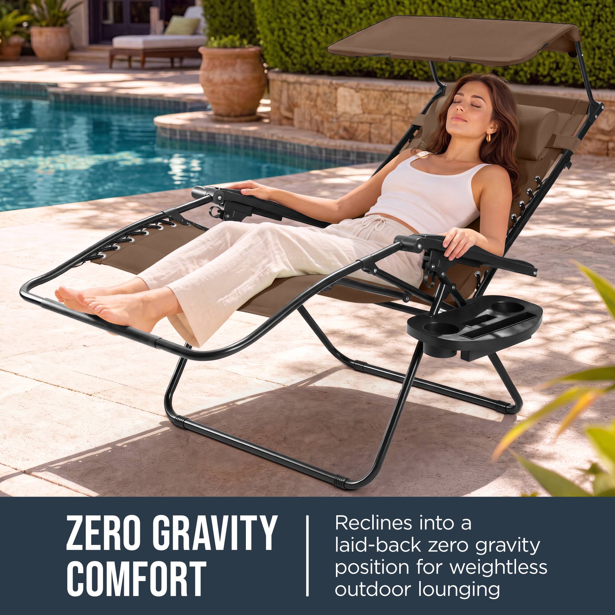 Reclines into a ZERO GRAVITY laid-back zero gravity position for weightless COMFORT outdoor lounging