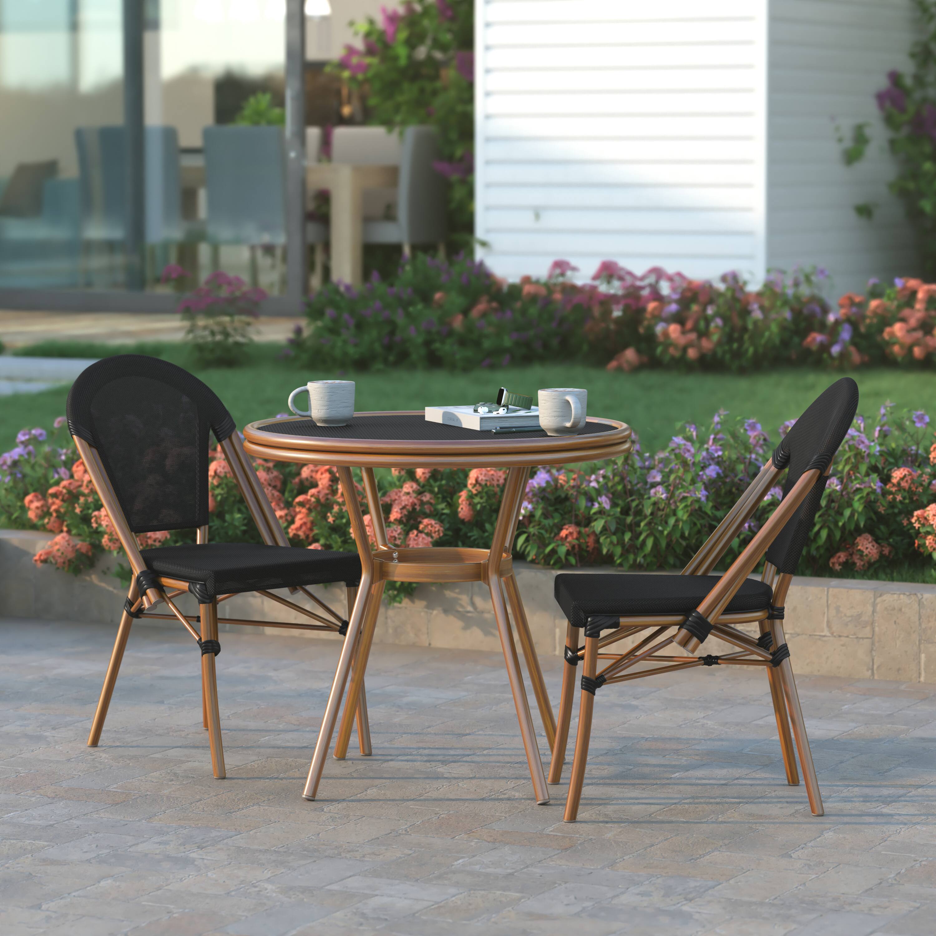 Alt View 3. Emma + Oliver - Massalia Indoor/Outdoor Bistro Style 31.5 in. Table with Textilene, Glass Top, and Two Chairs - Metal Frame - Black Textilene/Natural Frame.