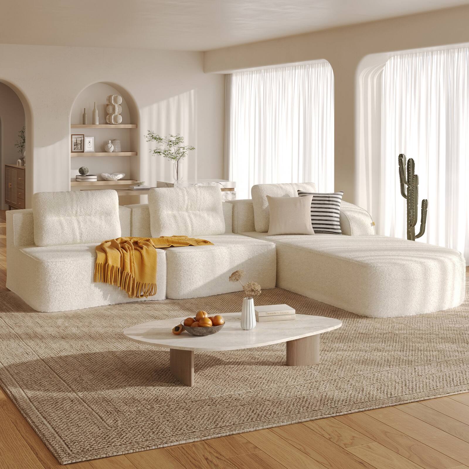 Angle. Pinmoco - PINMOCO Modular Sectional Sofa, Sleeper Sofa Bed with 3 Pillows, Boneless Couch with Side Pockets - Right Chaise Off White.