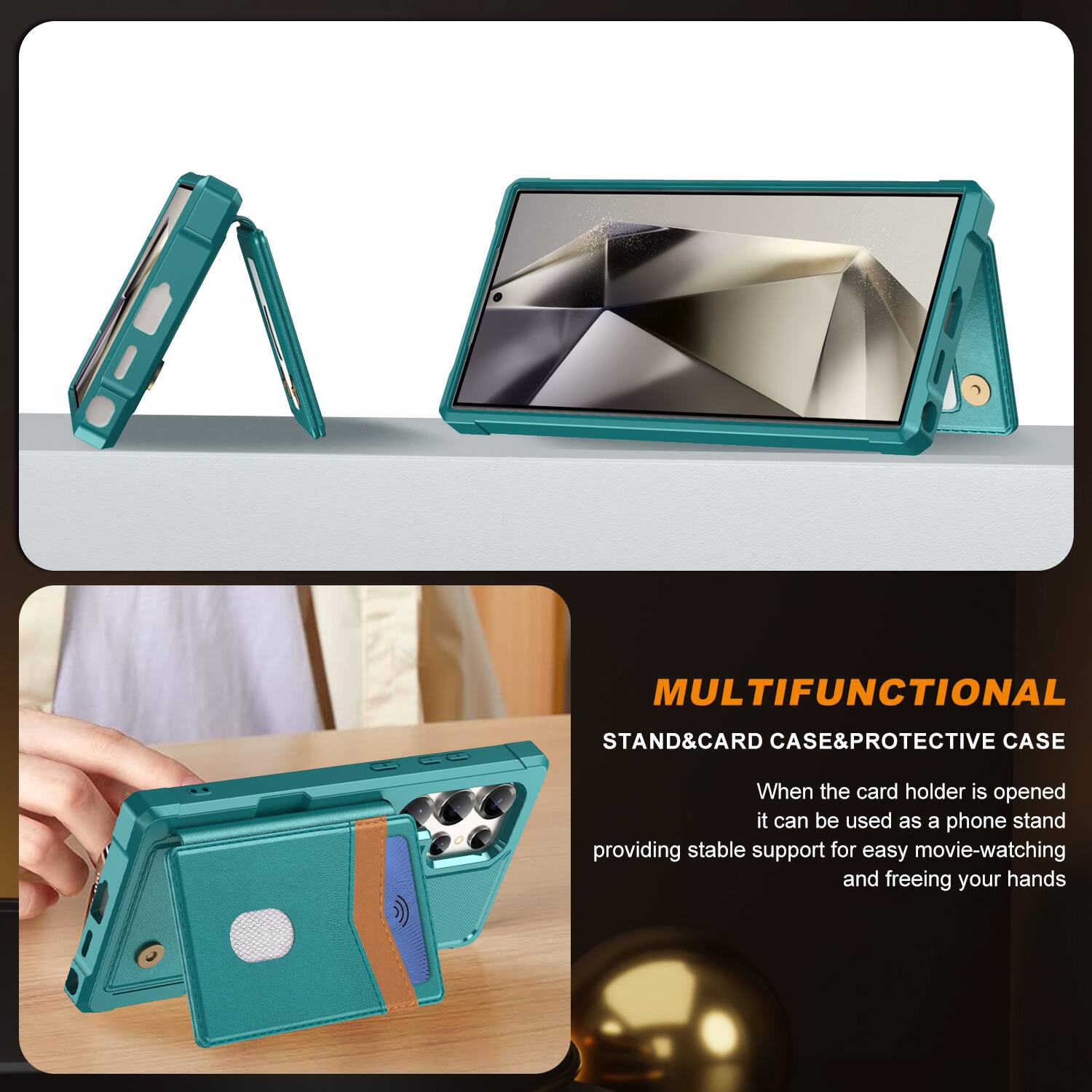 MULTIFUNCTIONAL STAND & CARD CASE & PROTECTIVE CASE

When the card holder is opened, it can be used as a phone stand, providing stable support for easy movie-watching and freeing your hands.