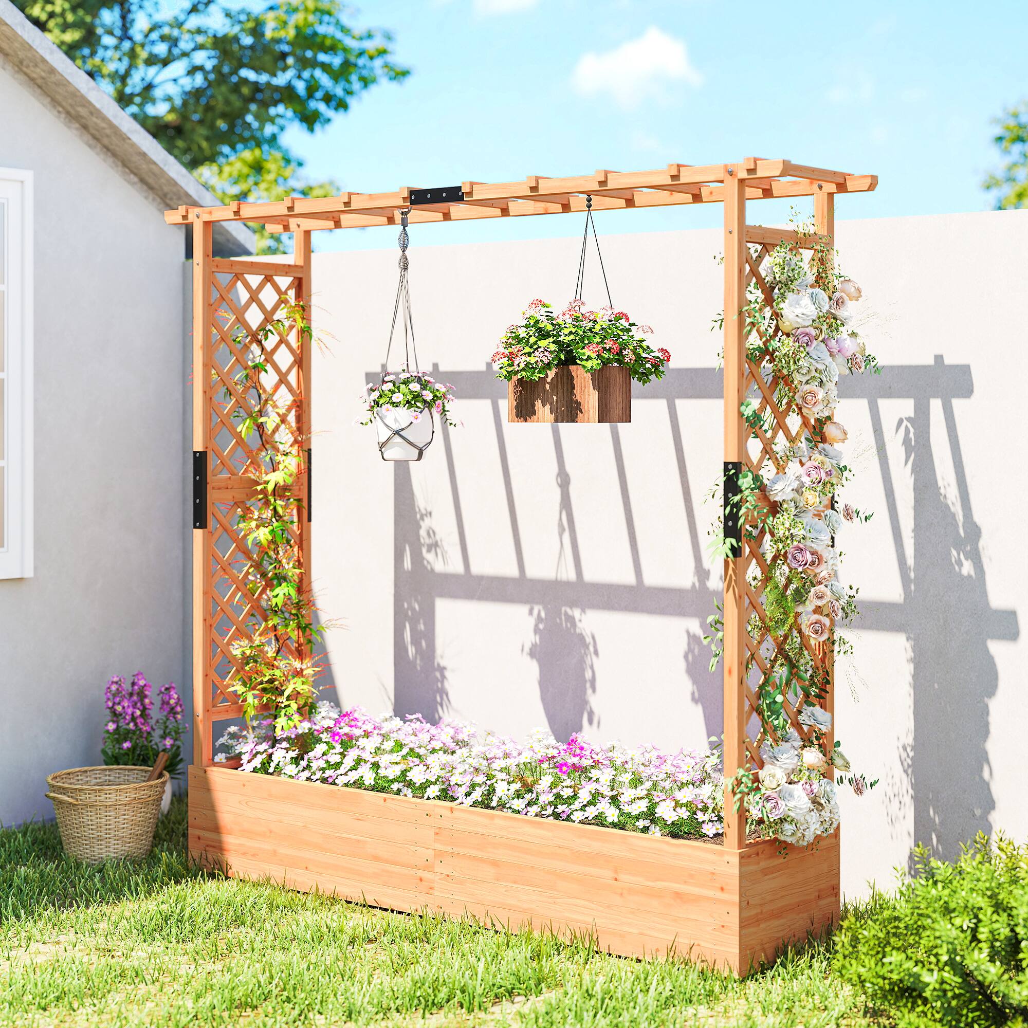Alt View 1. Outsunny - Raised Garden Bed with Trellis, Wooden Planter Box with Hanging Roof and Drainage Holes.