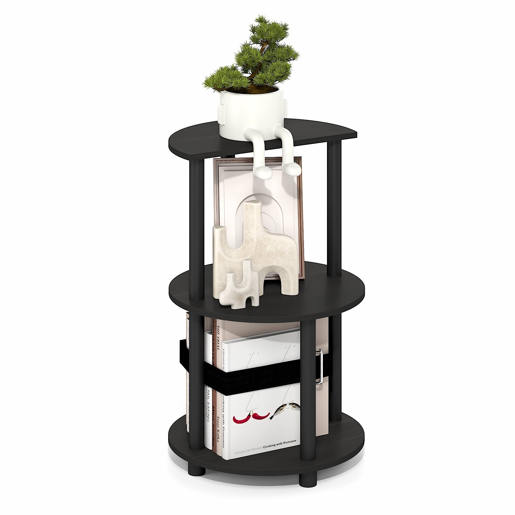 Furinno - TURN-N-TUBE Side Table, Open Shelf Round End Table, Half Round Table Top Night Stand, Toolless Nightstand, Bedside Table - Espresso/Black