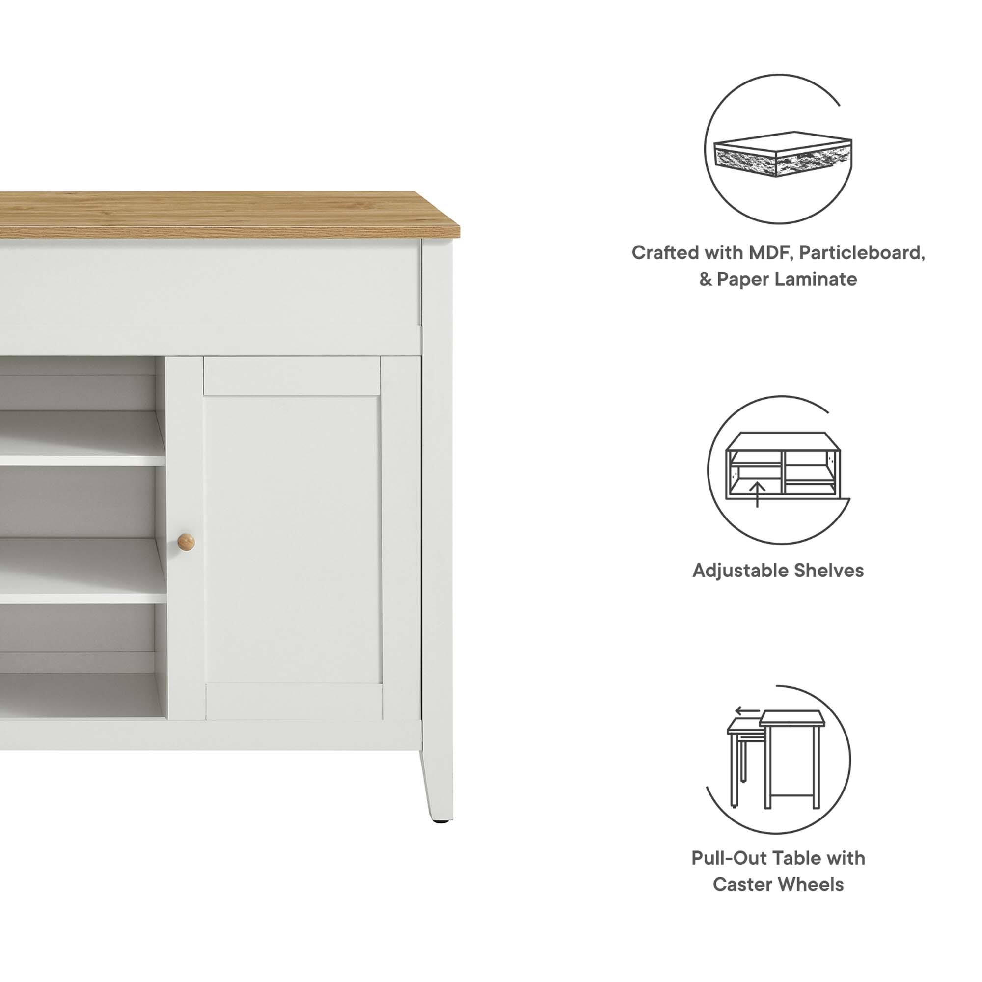 Crafted with MDF, Particleboard, & Paper Laminate  
Adjustable Shelves  
Pull-Out Table with Caster Wheels