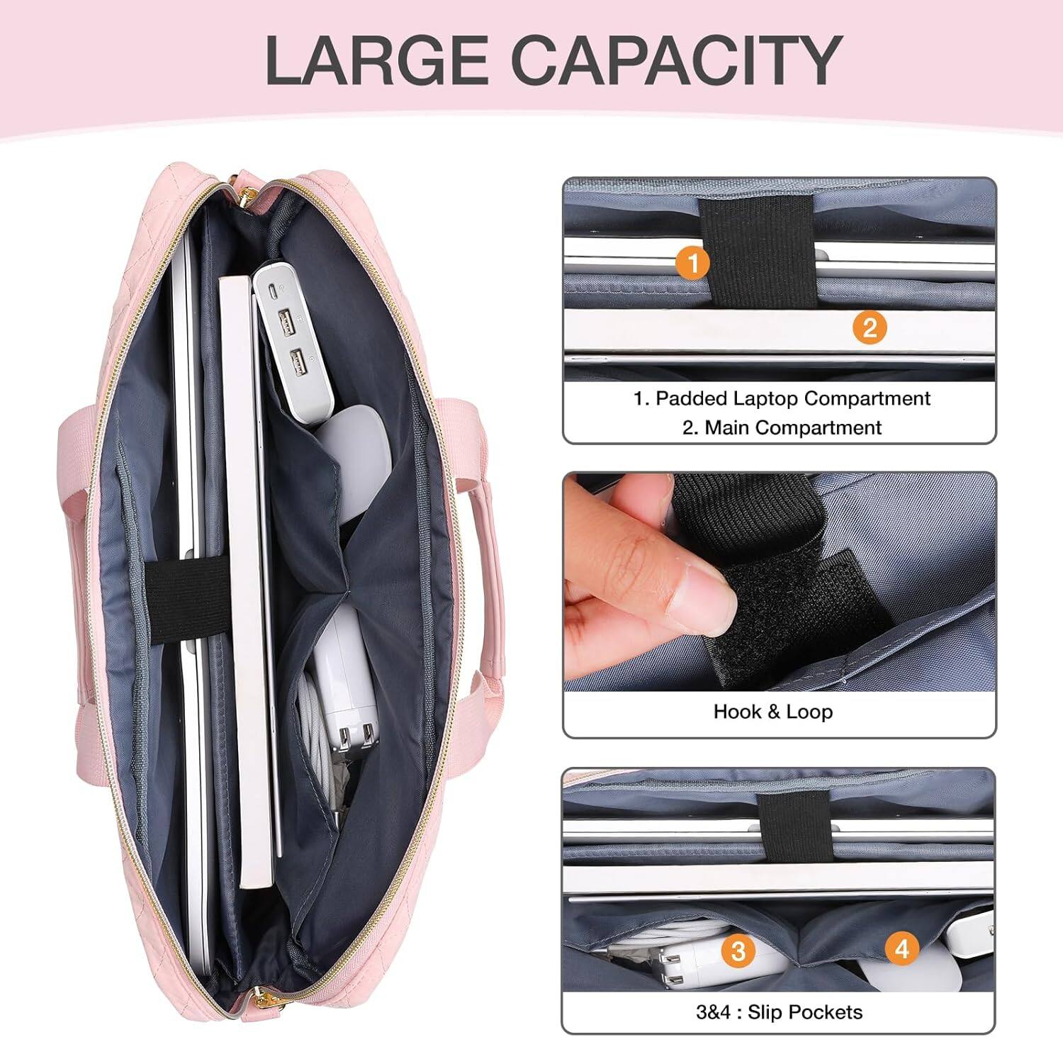 LARGE CAPACITY

1. Padded Laptop Compartment
2. Main Compartment

Hook & Loop

3&4: Slip Pockets
