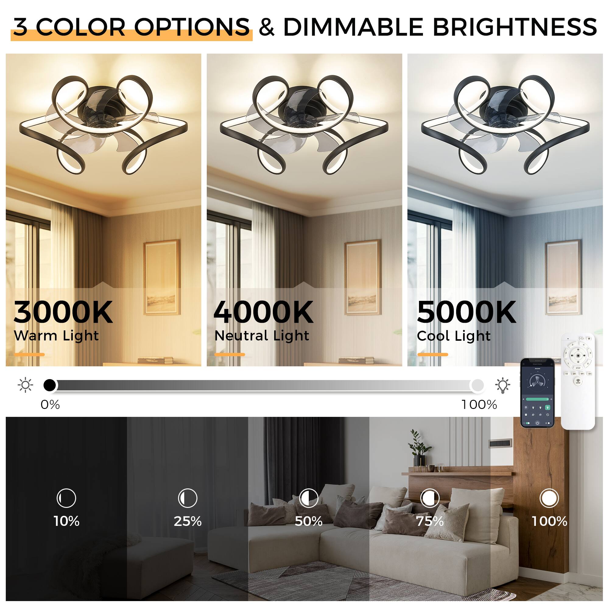 3 COLOR OPTIONS & DIMMABLE BRIGHTNESS

3000K Warm Light
4000K Neutral Light
5000K Cool Light

0% 10% 25% 50% 75% 100%
