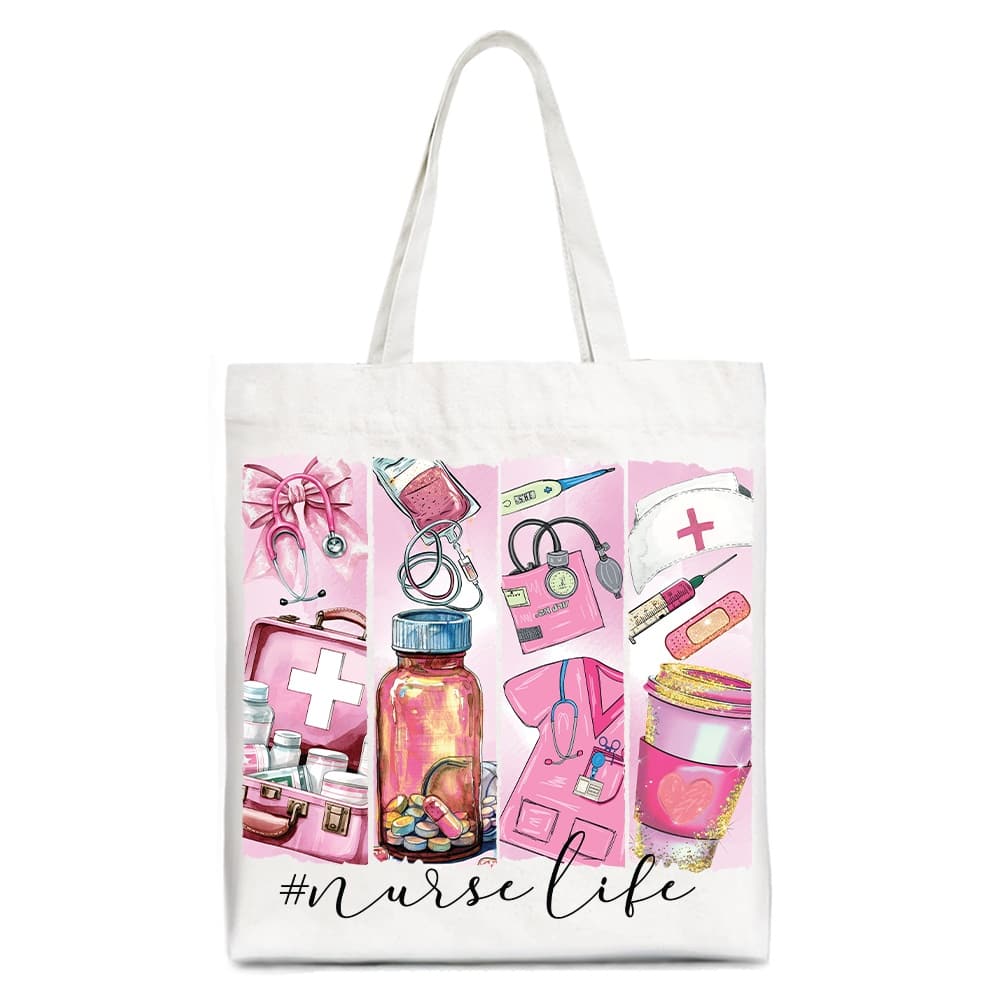 OrnamentallyYou - Nurse Life Canvas Tote Bag, Medical Essentials Gift Bag for Coquette Nurses - White