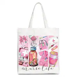 OrnamentallyYou - Nurse Life Canvas Tote Bag, Medical Essentials Gift Bag for Coquette Nurses - White