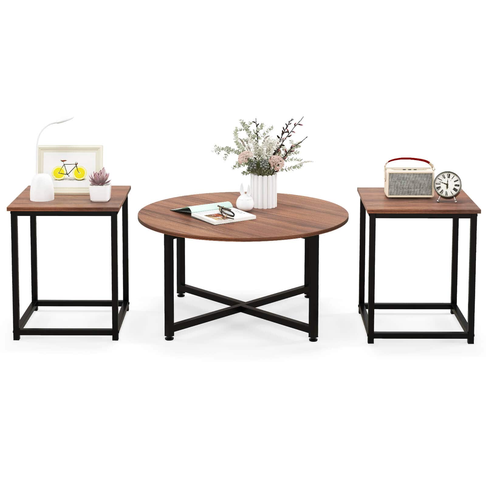 Front. Costway - 3 PCS Coffee Table Set Round Coffee Table and 2PCS Square End Tables Metal Frame Walnut - Walnut and Black.