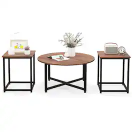 Costway - 3 PCS Coffee Table Set Round Coffee Table and 2PCS Square End Tables Metal Frame Walnut - Walnut and Black