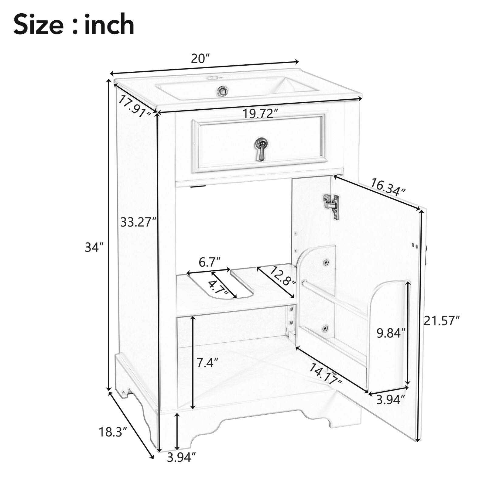 Size: inch  
20" 17.91" 19.72" 33.27" 16.34" 34" 6.7" 4.7" 12.8" 21.57" 9.84" 7.4" 14.17" 3.94" 18.3" 3.94"