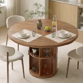 Dyonery - 35.5" Round Dining Table with Storage Shelf, Modern Fluted Kitchen Table for Small Space - Walnut