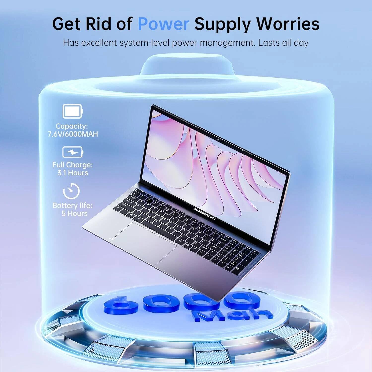 Get Rid of Power Supply Worries  
Has excellent system-level power management. Lasts all day  

Capacity: 7.6V/6000MAH  
Full Charge: 3.1 Hours  
Battery life: 5 Hours