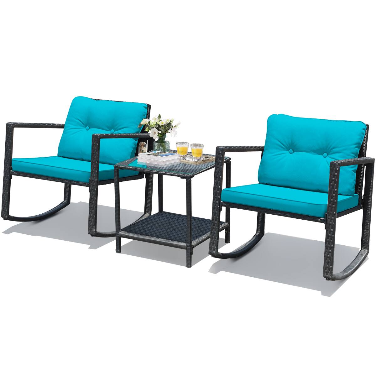 Alt View 5. Gymax - Gymax 3PCS Rattan Rocking Chair Table Set Patio Furniture Set w/ Blue Cushions - as pic.
