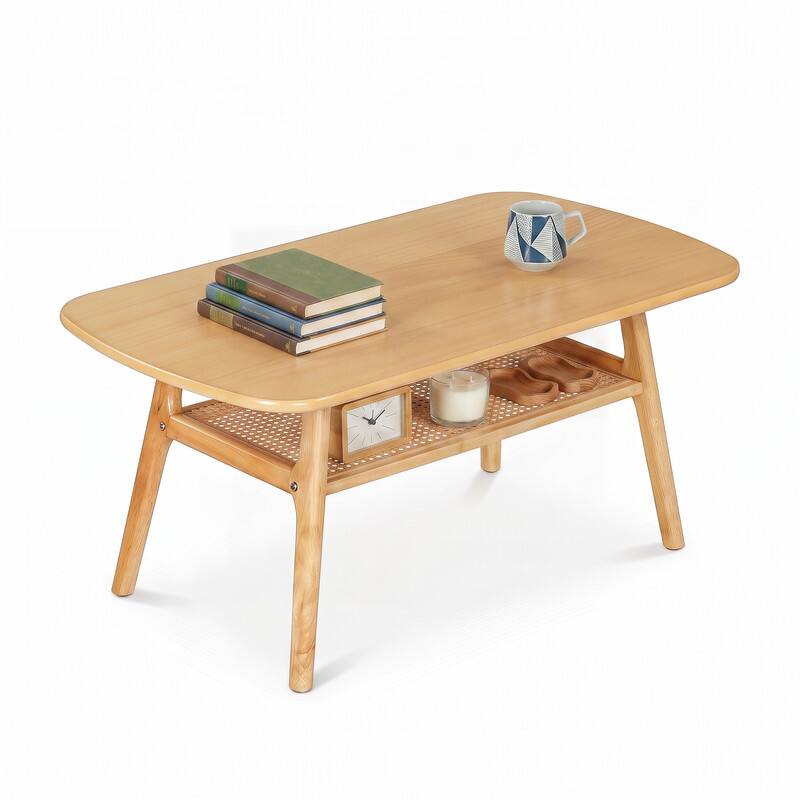 Left. WELLFOR - 2-Tier Boho Rattan Coffee Table with Rounded Corners & Storage Shelf, Center Table Cocktail Tea Table for Living Room - Natural.