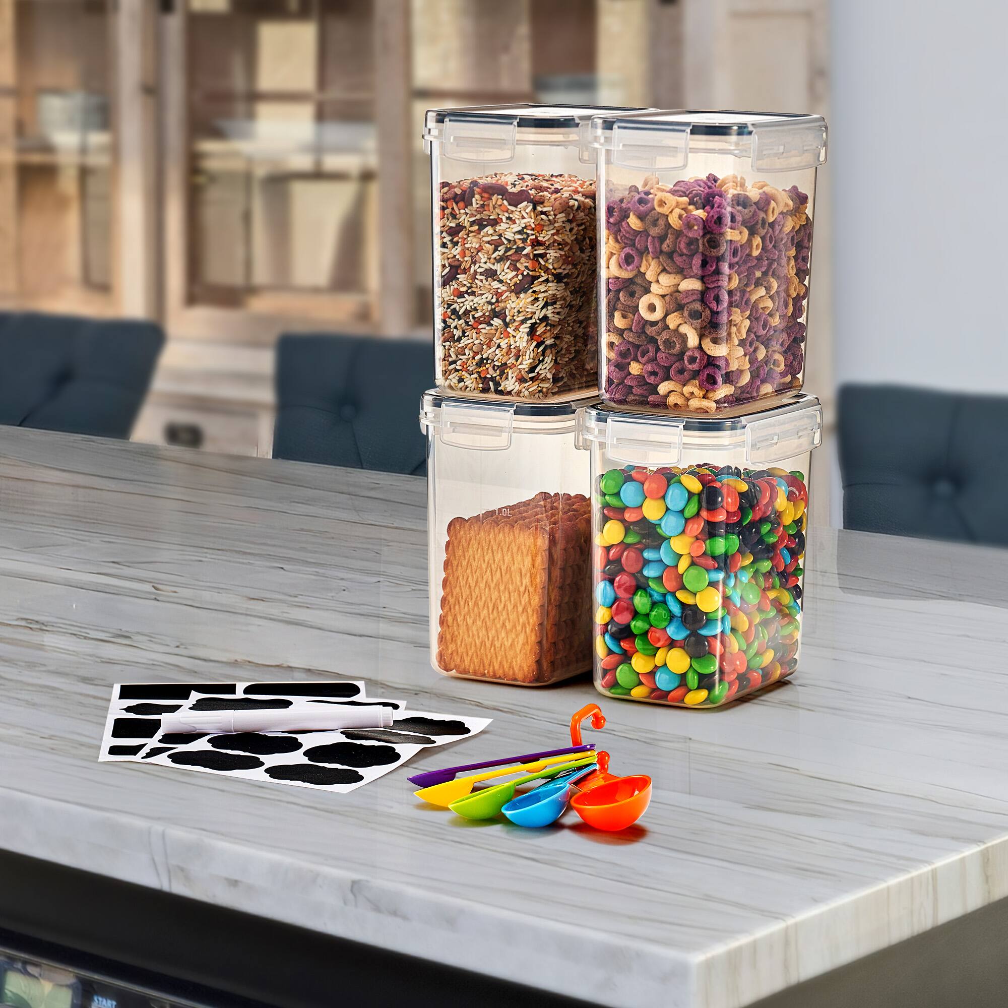 Angle. Sorbus - Sorbus 4 Pack (1.6L/54.10 Oz) Airtight Food Storage Containers with Locking Lids, Measuring Spoons & Labels - Clear.