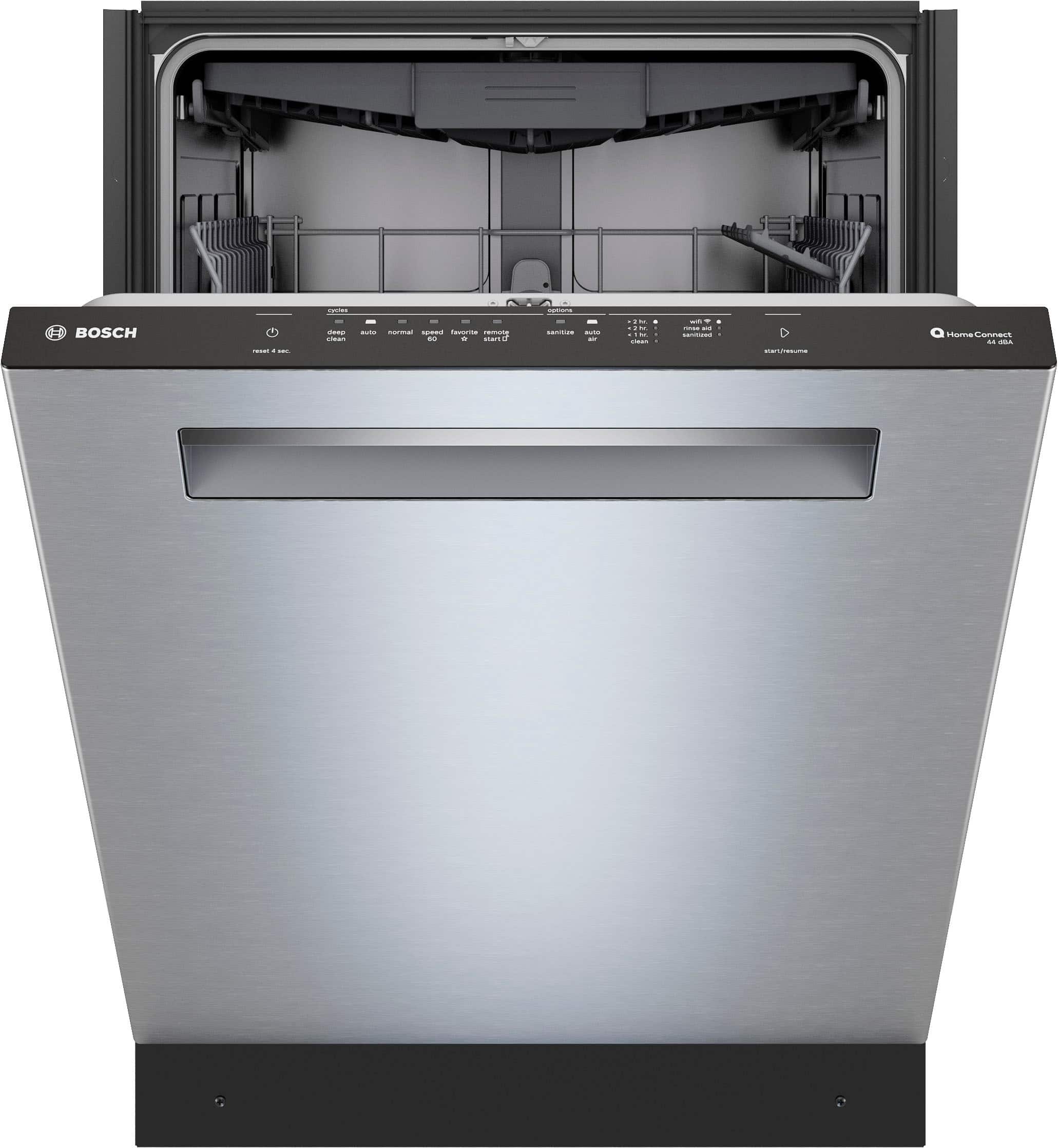 Bosch is the brand of the stainless steel dishwasher shown in the image.
