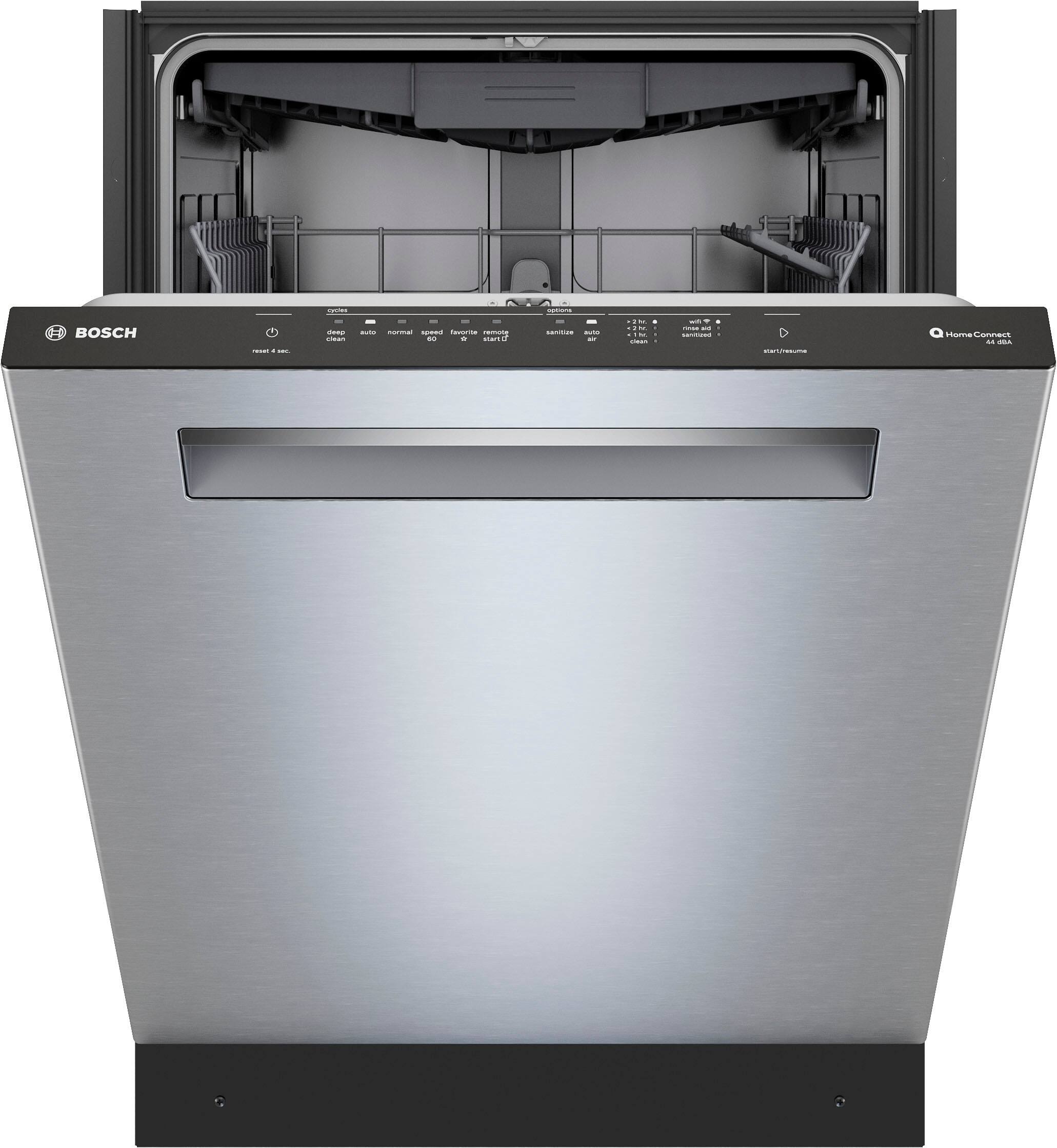 Bosch is the brand of the stainless steel dishwasher shown in the image.