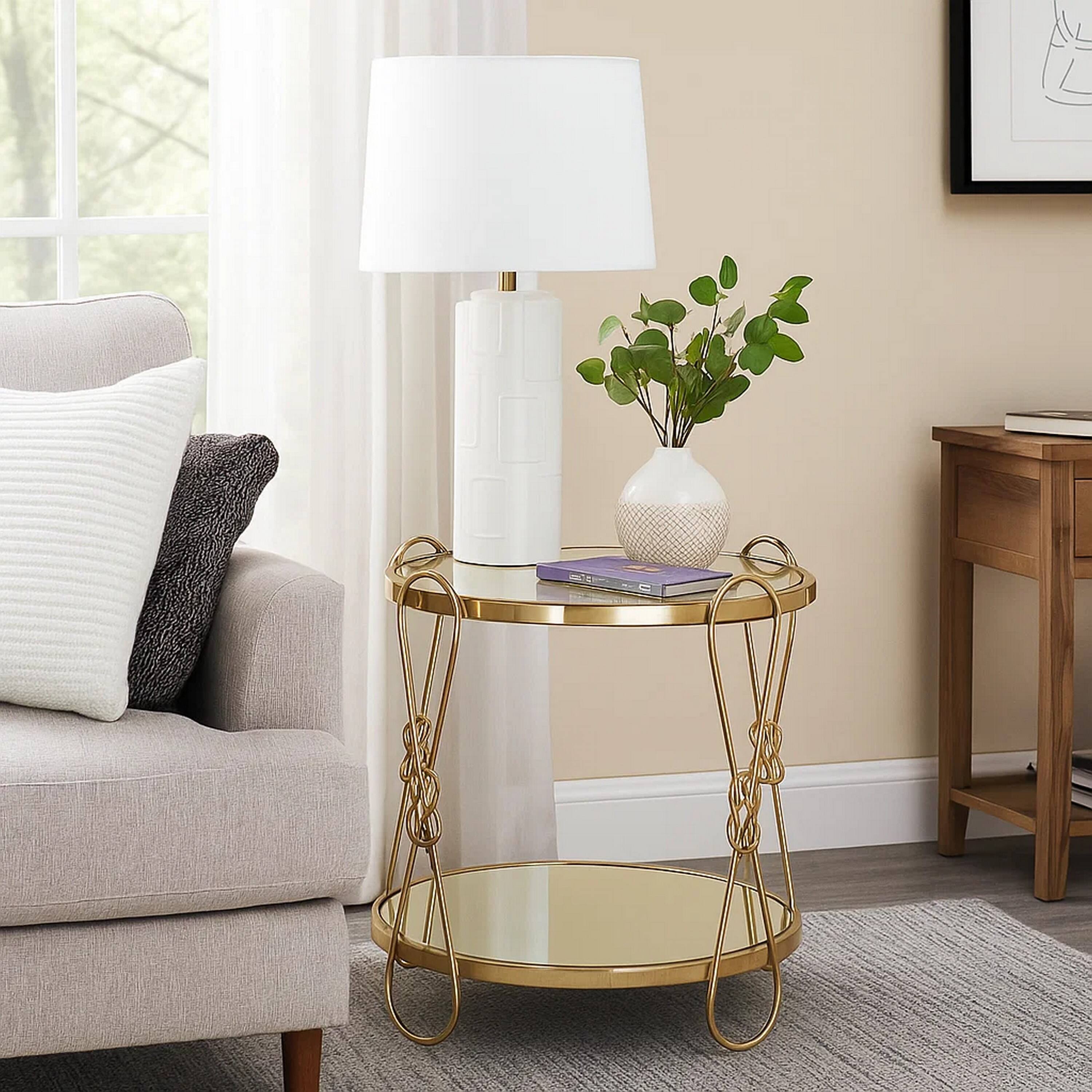 Alt View 6. Manhattan Lane - Metal End Table with Mirrored Top and 1 Bottom shelf - Gold and Clear.