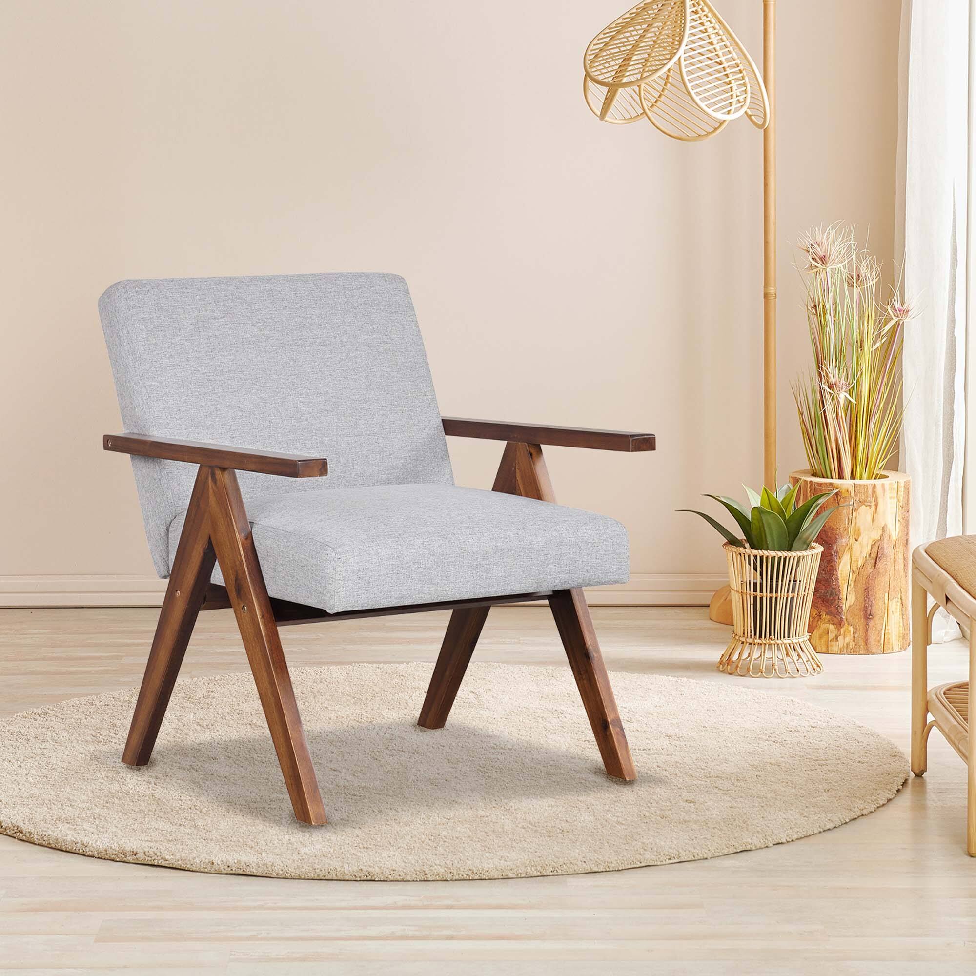 Angle. Costway - 1 PCS Modern Accent Chair Linen Fabric Armchair with Solid Acacia Wood Frame - Grey.