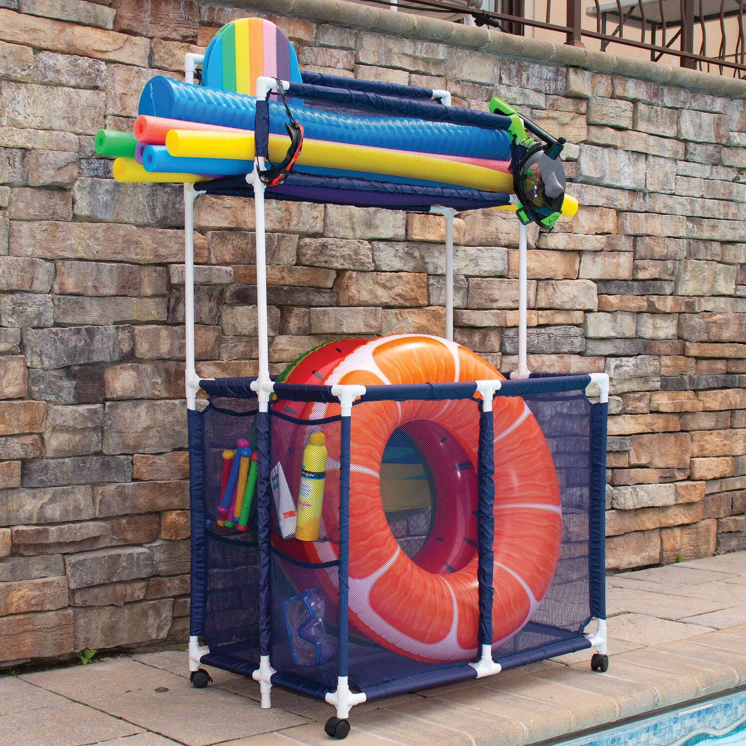 Left. Pool Bins - Pool Storage Mesh Rolling Organizer with Noodle Holder, Extra Large, 23" x 35.3" x 59.4", PB-Z700.