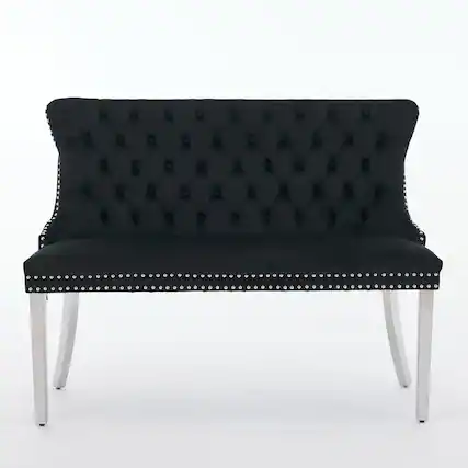 Front. GOODSILO - Velvet Double Dining Loveseat Bench with Tufted Back and Stainless Steel Legs for Modern Kitchen Seating - Black.