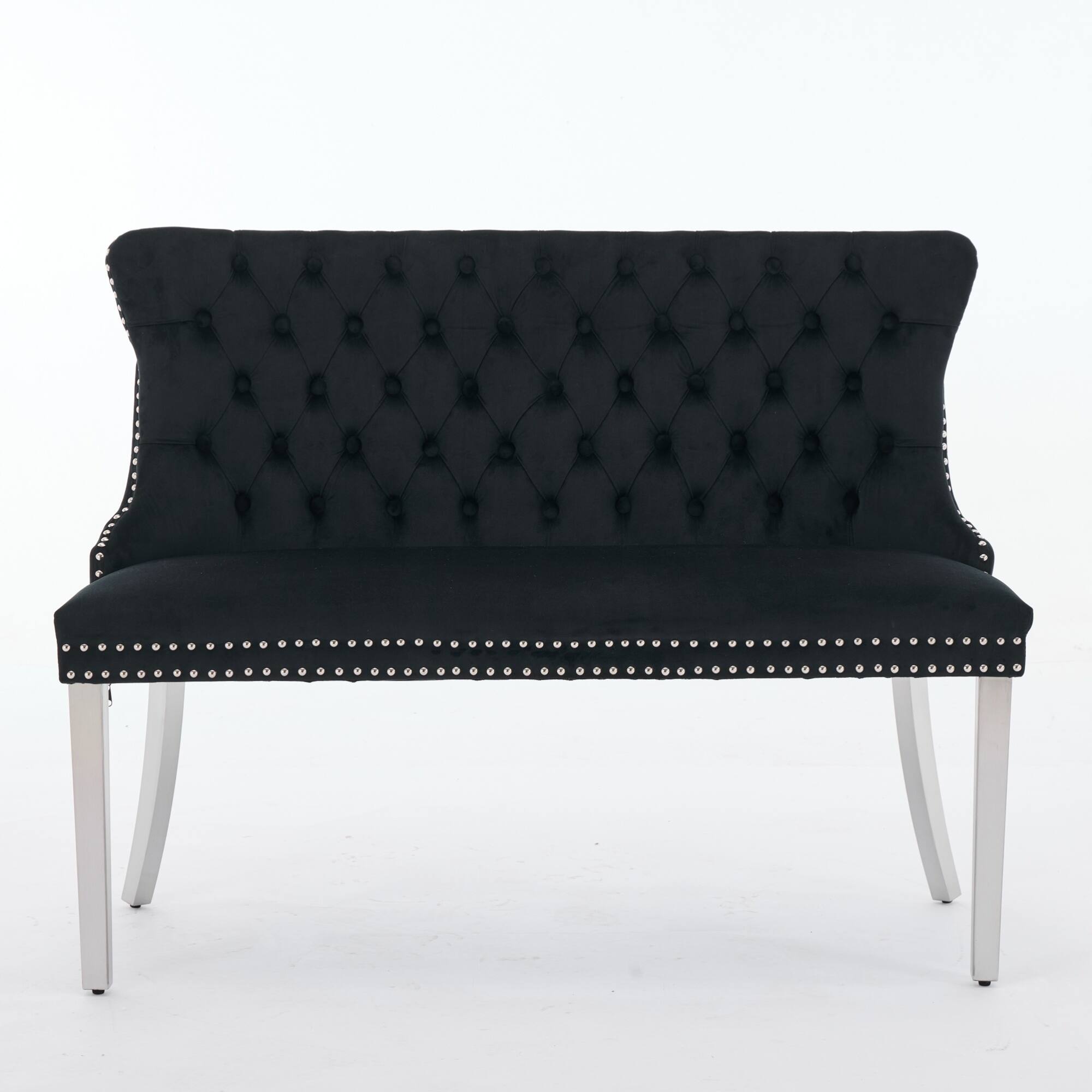 Front. GOODSILO - Velvet Double Dining Loveseat Bench with Tufted Back and Stainless Steel Legs for Modern Kitchen Seating - Black.