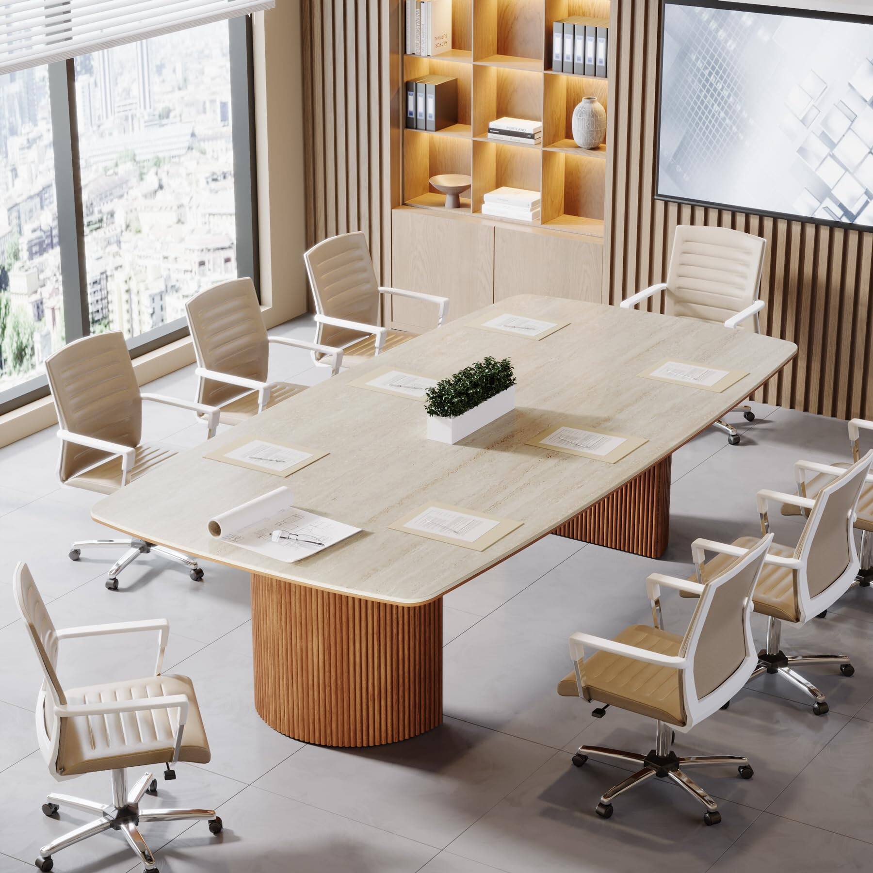 Alt View 3. Tribesigns - 78.7-Inch Rectangular Conference Table with Travertine-Look Top for Office Meeting Rooms - White & Brown.