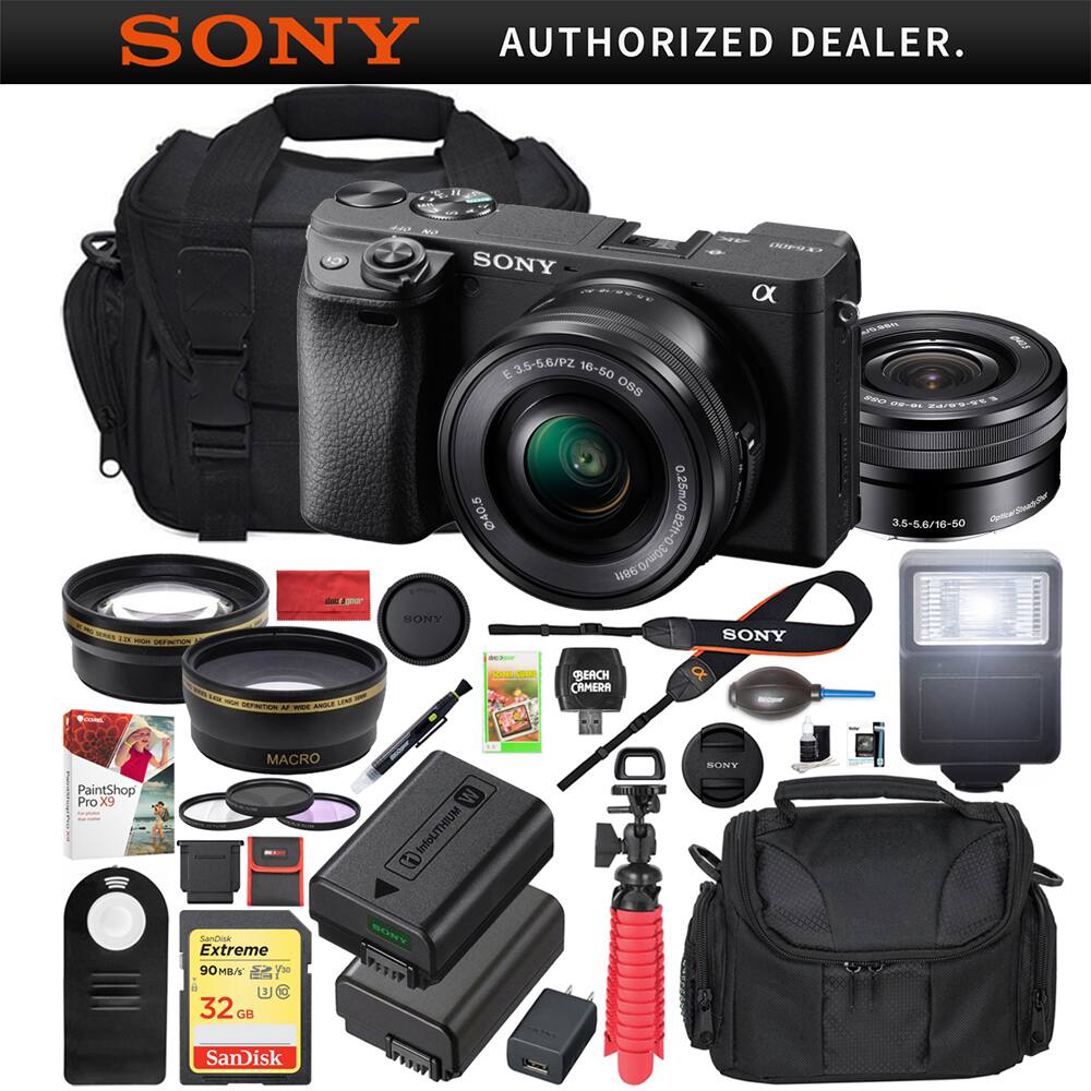 Sony - a6400 4K Mirrorless Camera ILCE-6400L/B 16-50mm Lens Kit + Flash & Case Bundle