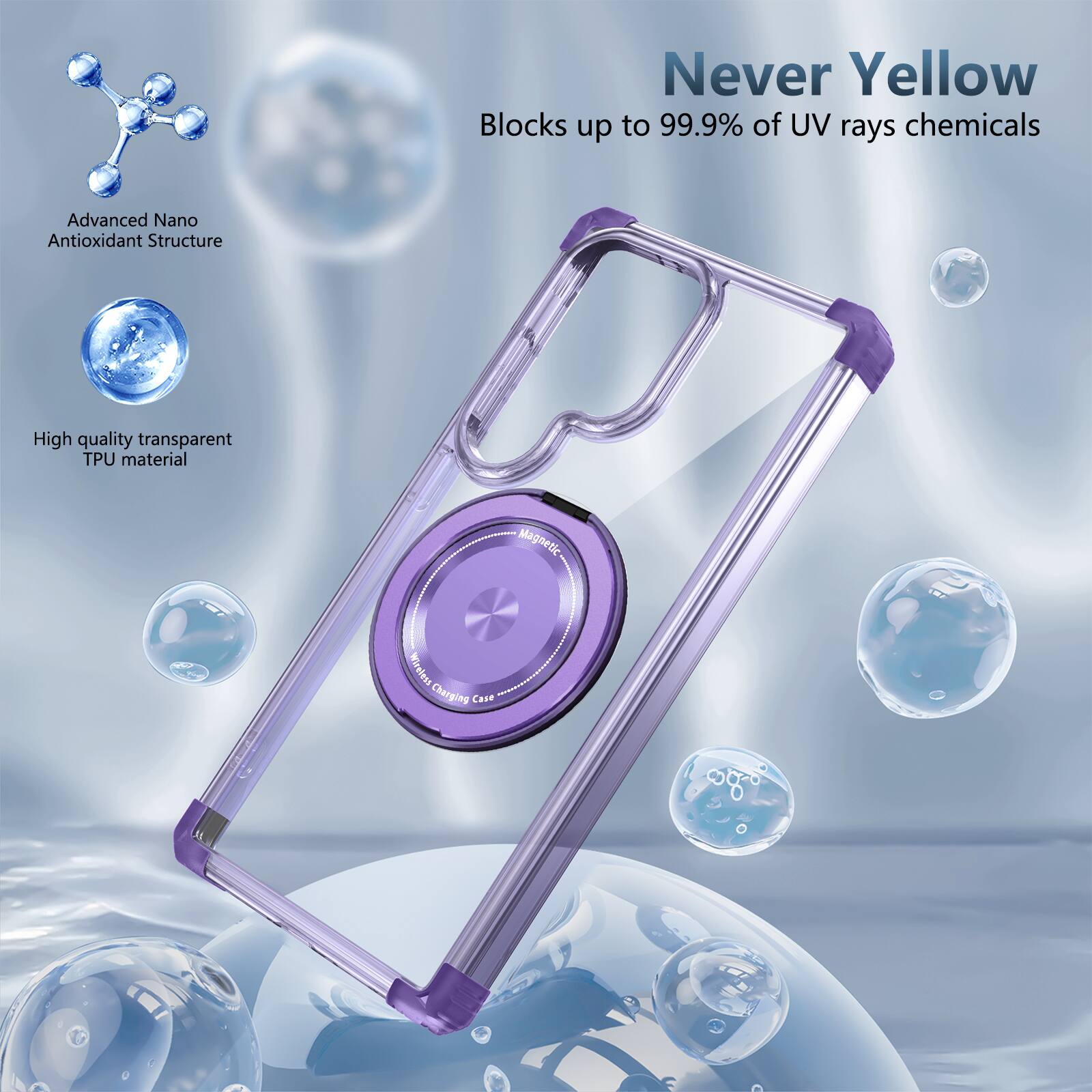 Never Yellow  
Blocks up to 99.9% of UV rays chemicals  
Advanced Nano Antioxidant Structure  
High quality transparent TPU material  
Magnetic Wireless Charging Case