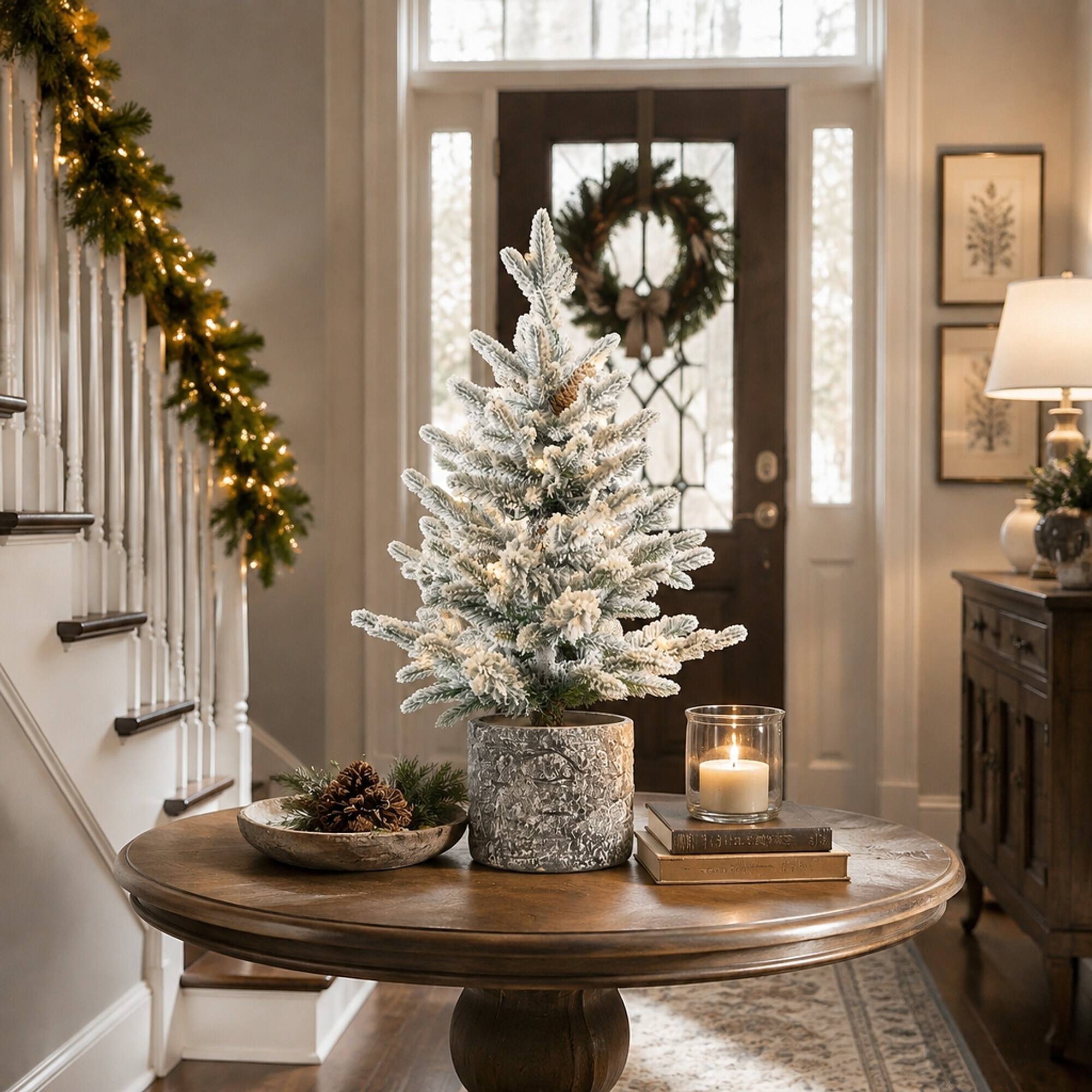 Alt View 1. RYHNUYNE - 2FT Mini Flocked Pre-Lit Christmas Tree, 30 Warm White LED Lights 189 Tips PE+PVC 3 Pine Cones Pot Base Tabletop - White+Green.