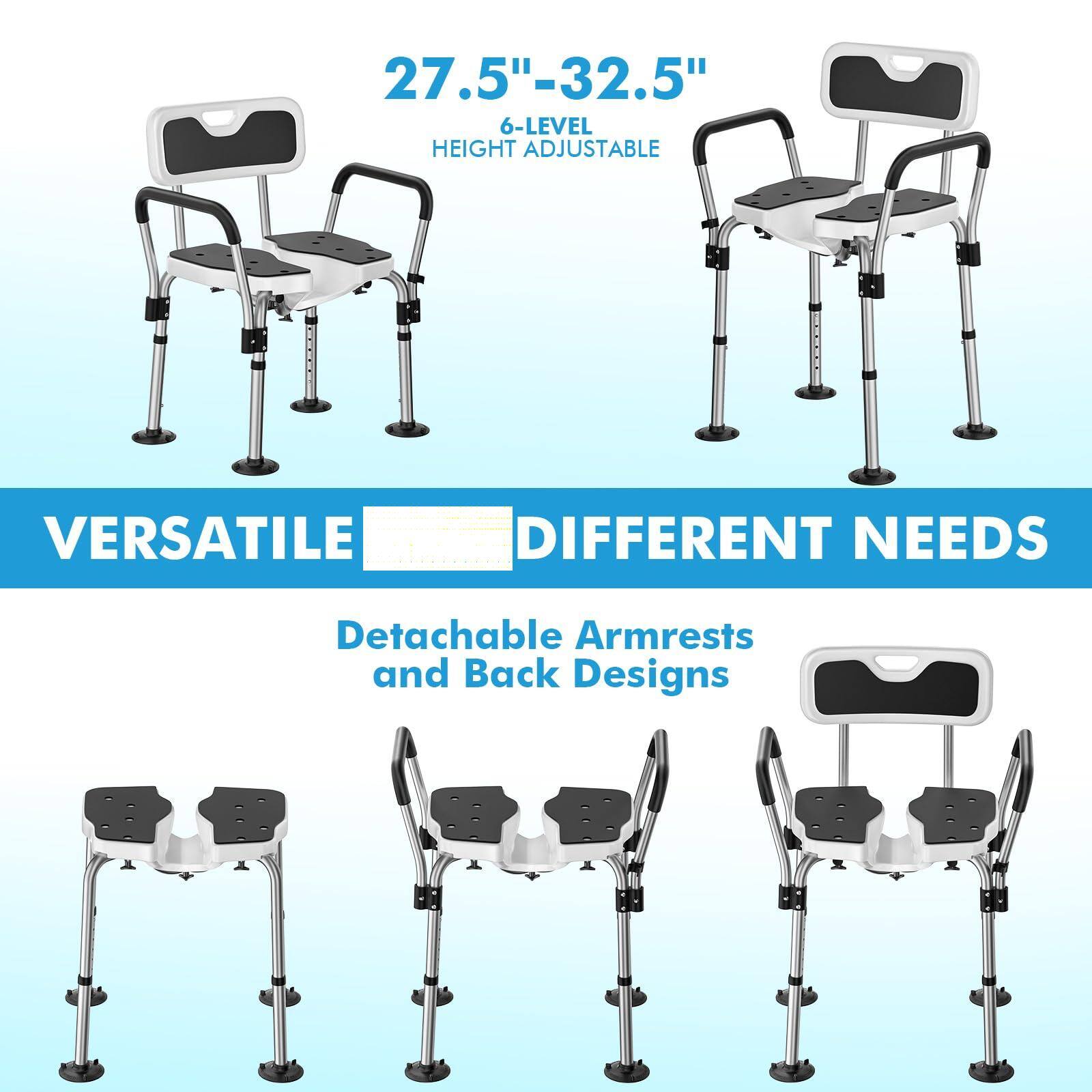 27.5" - 32.5"  
6-LEVEL HEIGHT ADJUSTABLE  

VERSATILE  
DIFFERENT NEEDS  

Detachable Armrests and Back Designs