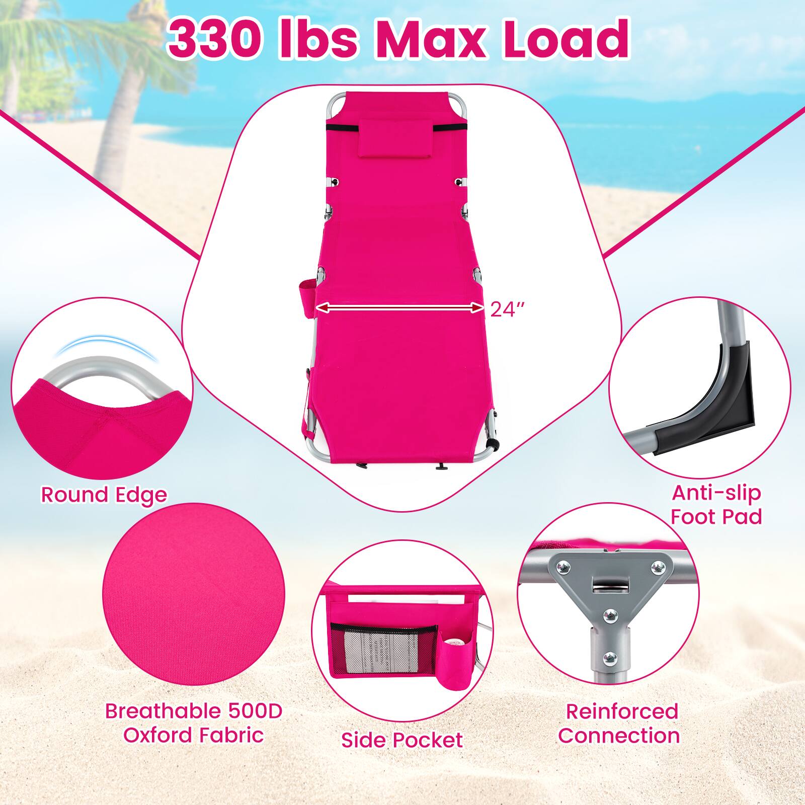 330 lbs Max Load  
24" Round Edge  
Anti-slip Foot Pad  
Breathable 500D Oxford Fabric  
Side Pocket  
Reinforced Connection