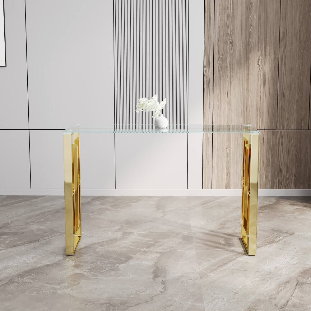 Angle. Loheer - Loheer Golden Clear Glass Console Table Stainless Steel Entryway Table Meal Side Table - Golden Clear.