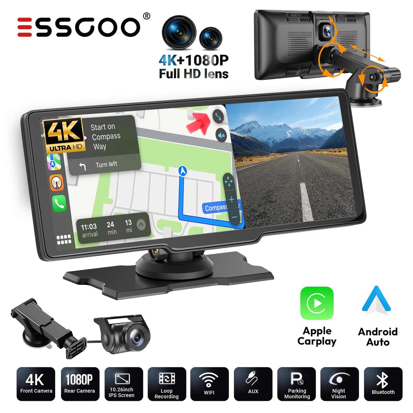SSGOO 4K+1080P Full HD lens  
Start on Compass ULTRA HD Way  
Turn left  
11:03 arrival  
24 min 13 mi  

Features:  
- 4K Front Camera  
- 1080P Rear Camera  
- 10.26inch IPS Screen  
- Loop Recording  
- WIFI  
- AUX  
- Parking Monitoring  
- Night Vision  
- Bluetooth  
- Apple Carplay  
- Android Auto  
- Compass