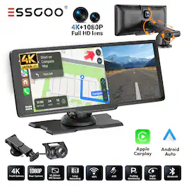 ESSGOO - 10.26″ Touchscreen with Wireless Apple CarPlay, Android Auto, 4K Dual Dash Cam & GPS Easy Install Car Stereo