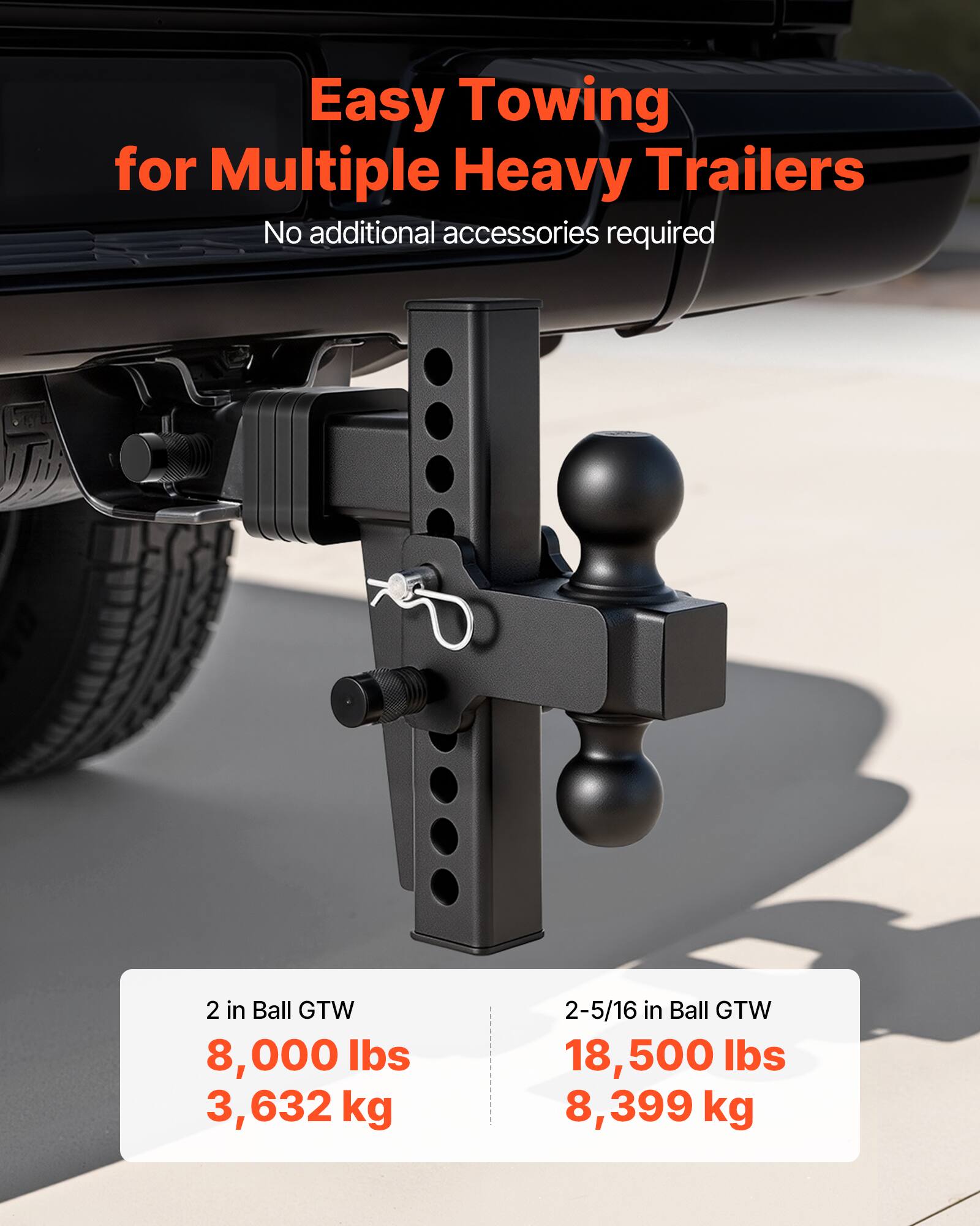 Easy Towing for Multiple Heavy Trailers  
No additional accessories required  

2 in Ball GTW  
8,000 lbs  
3,632 kg  

2-5/16 in Ball GTW  
18,500 lbs  
8,399 kg