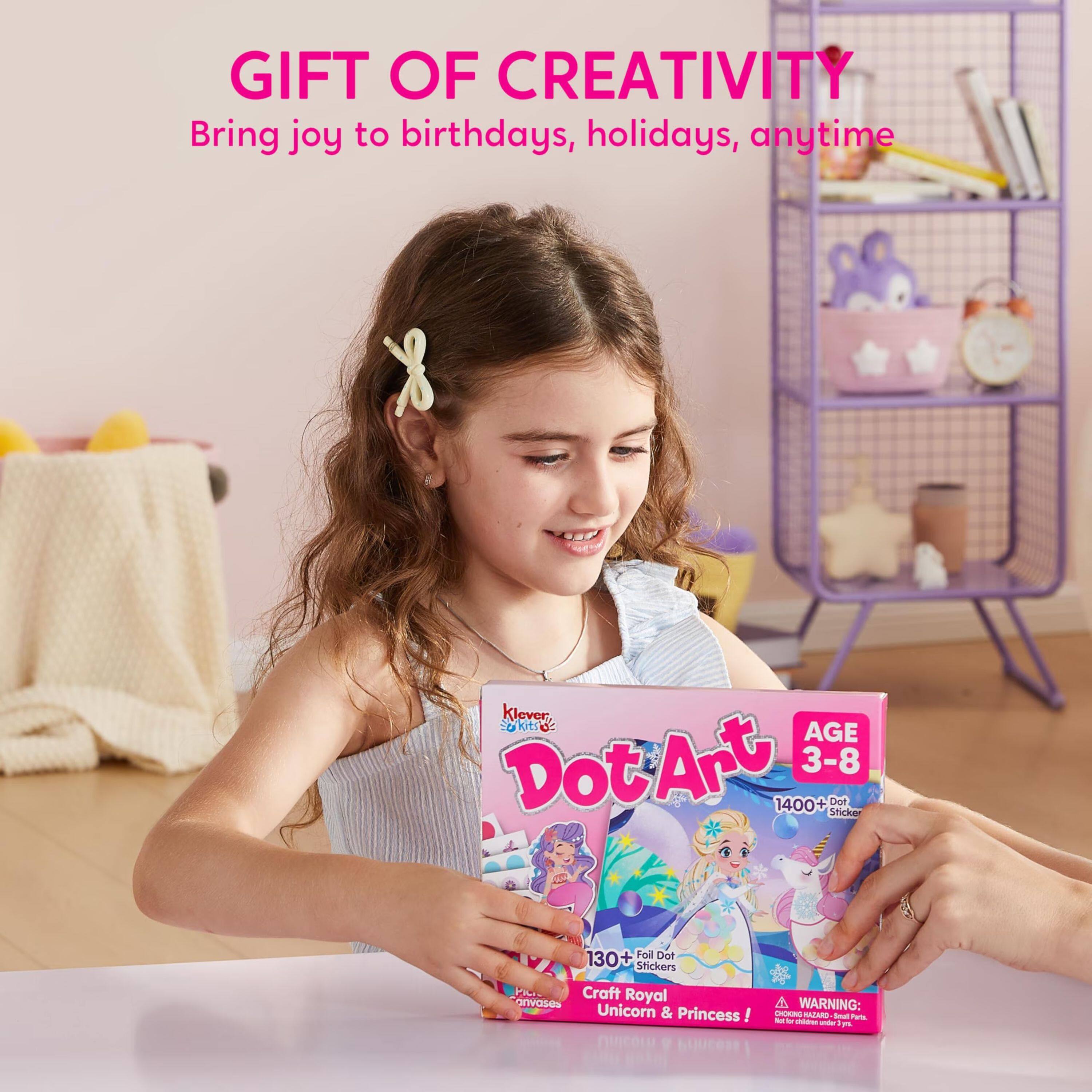 GIFT OF CREATIVITY  
Bring joy to birthdays, holidays, anytime

Klever Lokitry  
AGE 3-8  
1400+ Dot Sticker  
Foil Dot 130+ Stickers  
POLIC Craft Royal anvases 4  
WARNING: Unicorn & Princess!  
DICKING MAZARD Seat his children under 1