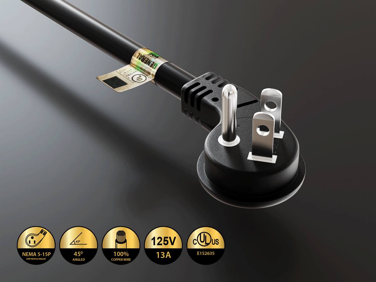 USE 1210037 GENERAL GRILLED UL  
152636  
NEMA 5-15P LOW PROFILE ANGLED  
45° ANGLED  
100% COPPER WIRE  
125V 13A  
C COUS E152635