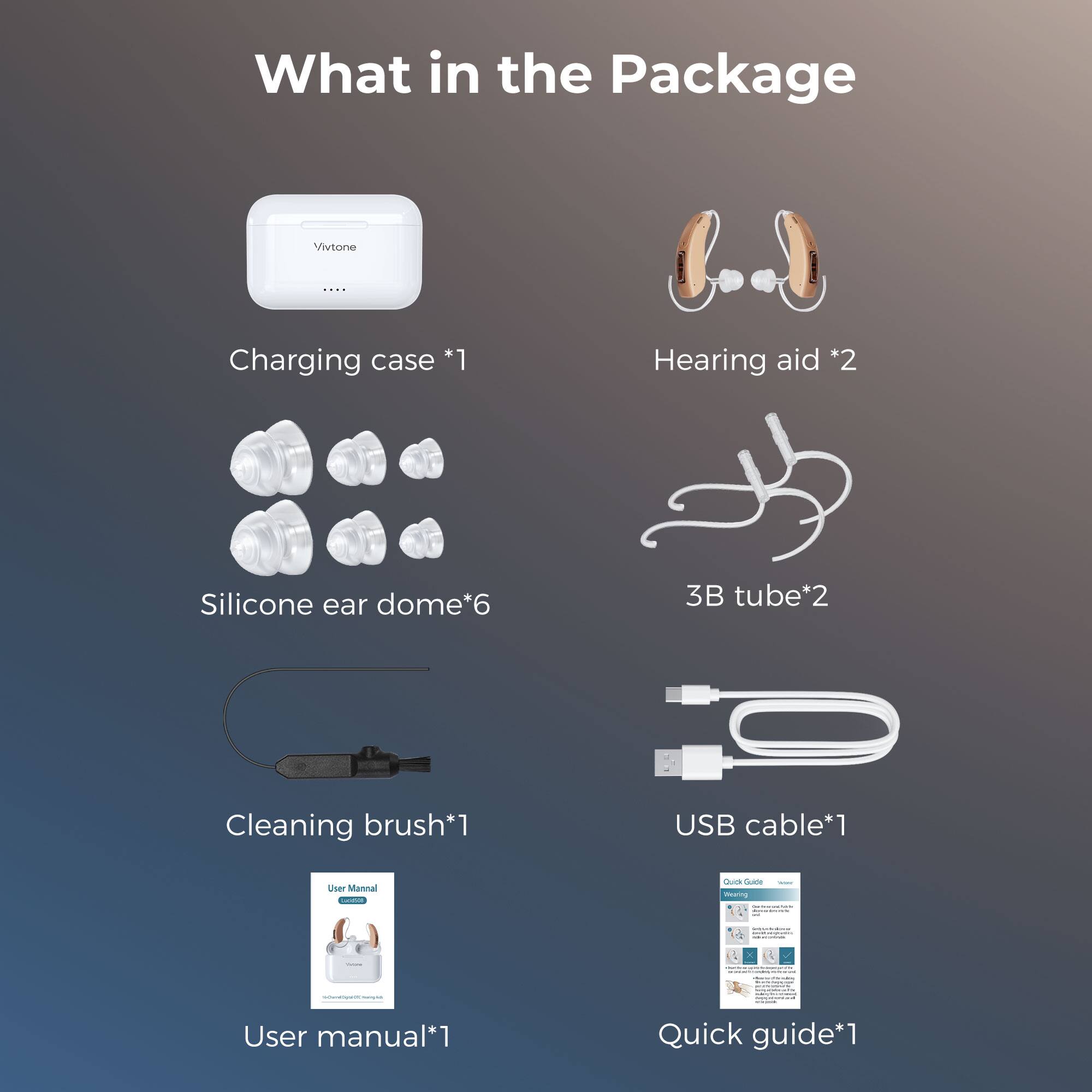 What in the Package Vivtone .... Charging case *1 Hearing aid *2 Silicone ear dome*6 3B tube*2 Cleaning brush*1 USB cable*1 User Manual*1 Quick guide*1